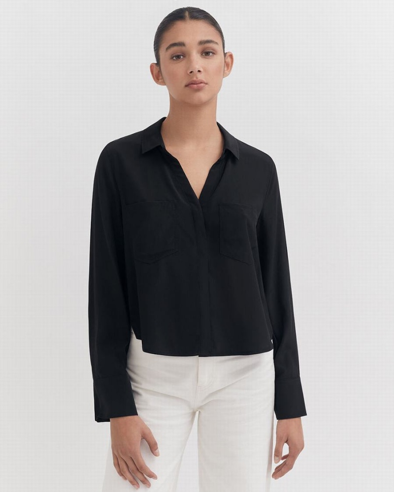 Camisas Cuyana Silk Pocket Front Cropped Mujer Negras | TAZ8834UD
