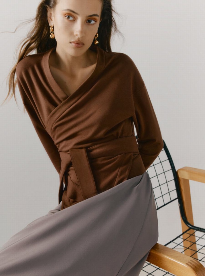Camiseta Cuyana French Terry Wrap Top Mujer Marrones Oscuro | ILW332VD
