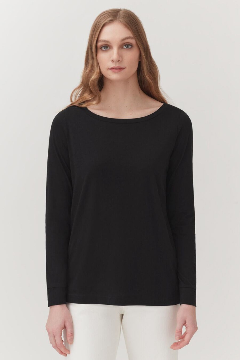 Camiseta Cuyana Pima Boatneck Long Sleeve Tee Mujer Negras | JQX1214PC