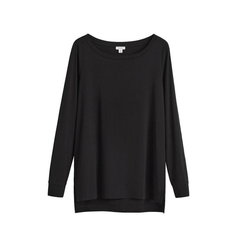 Camiseta Cuyana Pima Boatneck Long Sleeve Tee Mujer Negras | JQX1214PC