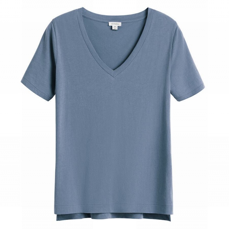 Camiseta Cuyana Pima V-Neck Tee Mujer Azules | ZUJ2736SM