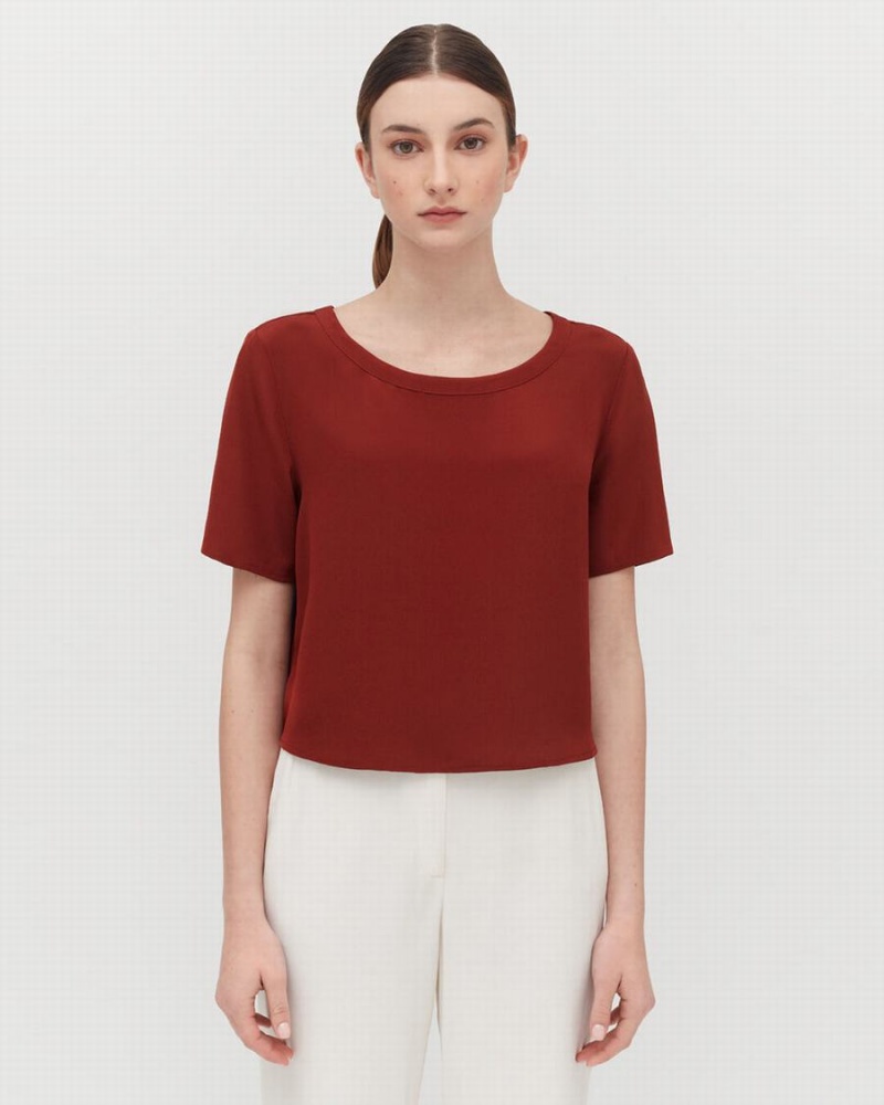 Camiseta Cuyana Silk Cropped Crewneck Tee Mujer Rojas Oscuro | NVB1299YT