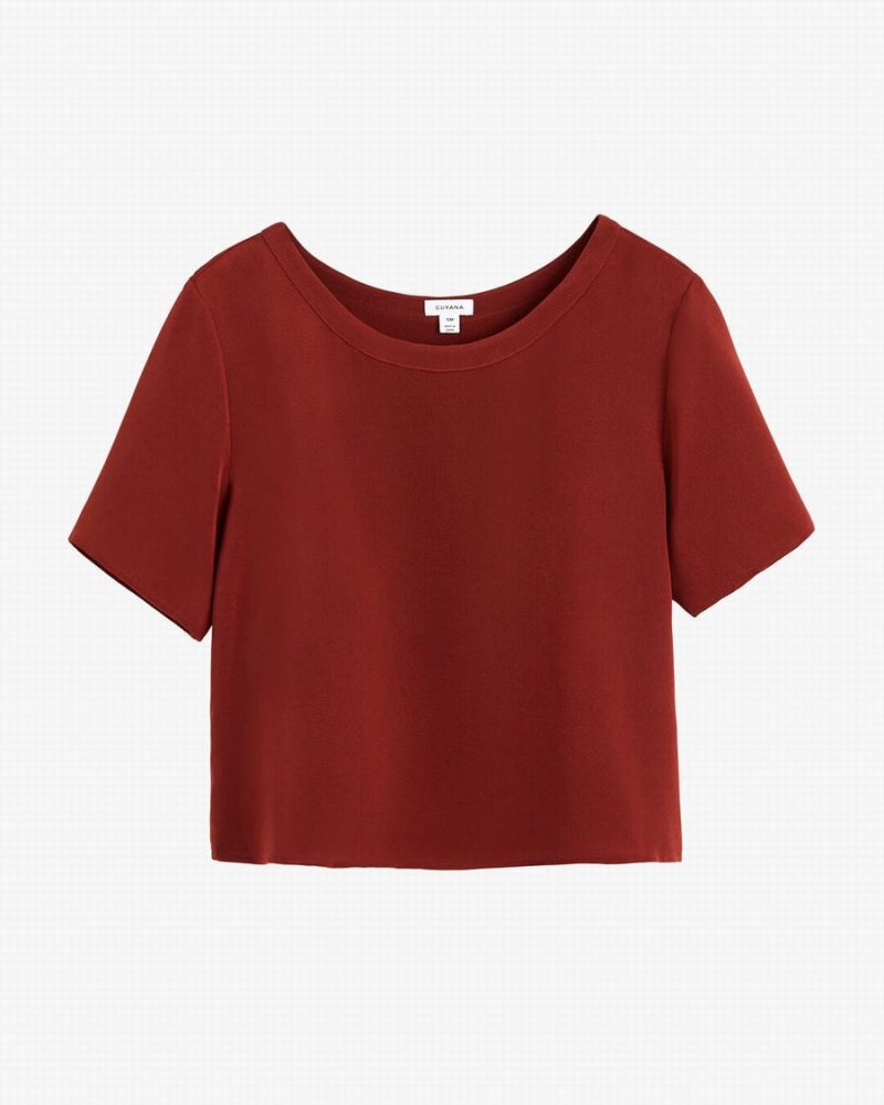 Camiseta Cuyana Silk Cropped Crewneck Tee Mujer Rojas Oscuro | NVB1299YT
