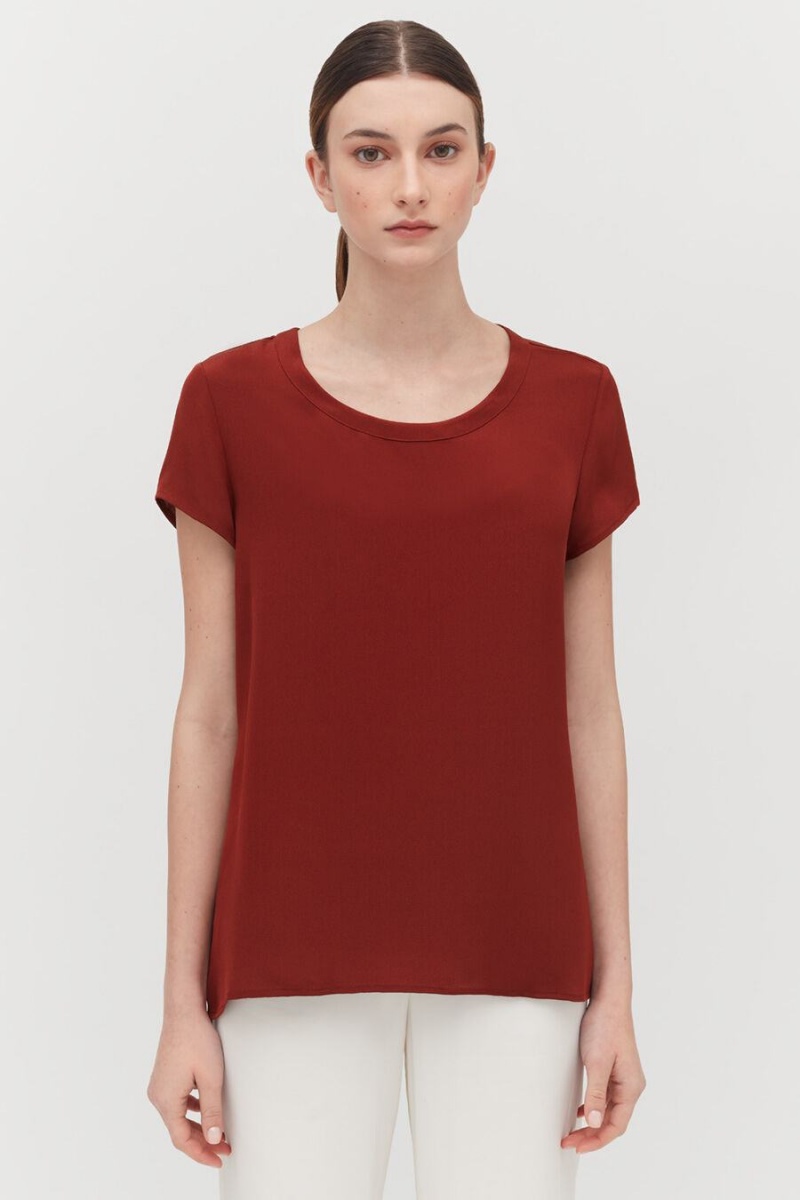 Camiseta Cuyana Silk High-Low Tee Mujer Rojas Oscuro | QYR164ZS