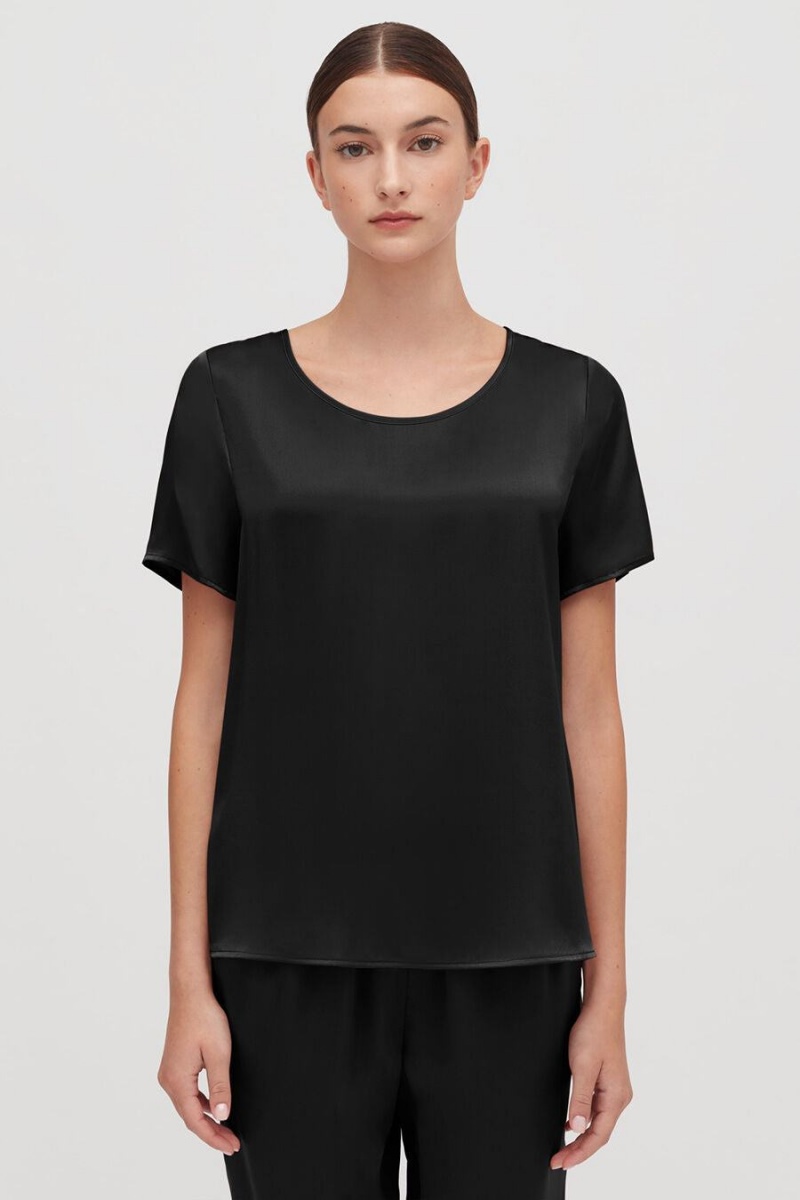 Camiseta Cuyana Washable Charmeuse High-Low Top Mujer Negras | EVU8842ND