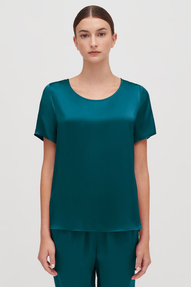 Camiseta Cuyana Washable Charmeuse High-Low Top Mujer Azules | LSK5058EF