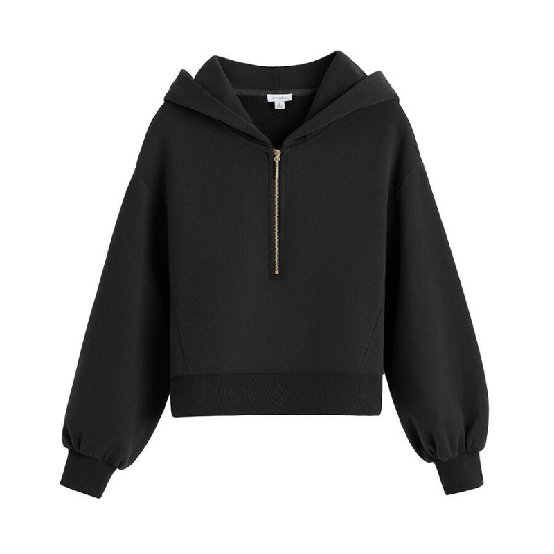 Sudadera con Capucha Cuyana Fleece Cropped Zip Mujer Negras | YZA694SM