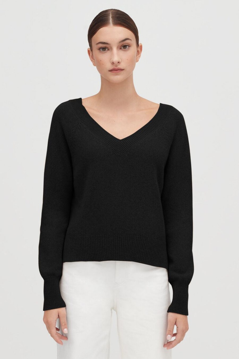 Suéteres Cuyana Recycled Cashmere Deep V-Neck Mujer Negras | VJR5327RU