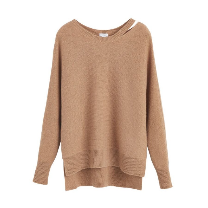 Suéteres Cuyana Recycled Cashmere Split-Neck Mujer Marrones | BAH96UA