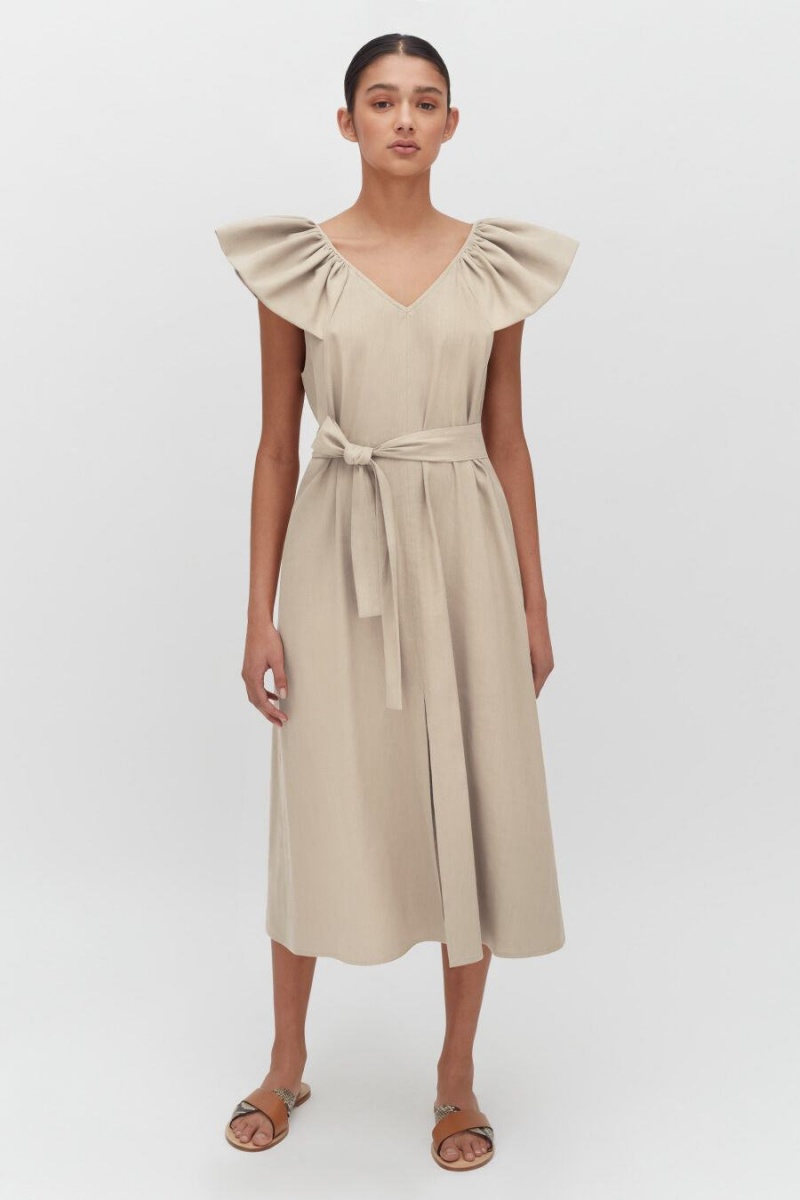 Vestido Cuyana Linen Flutter Sleeve Mujer Marrones | PIK4121CA