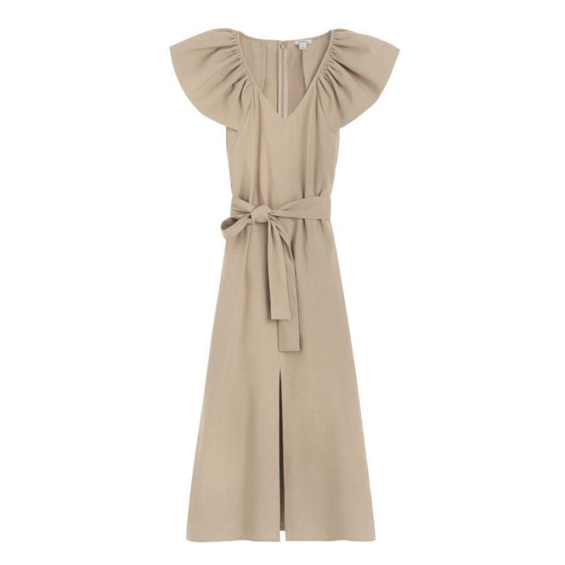 Vestido Cuyana Linen Flutter Sleeve Mujer Marrones | PIK4121CA