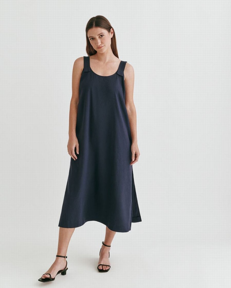 Vestido Cuyana Linen Gathered Back Mujer Azul Marino | KSZ8049QV