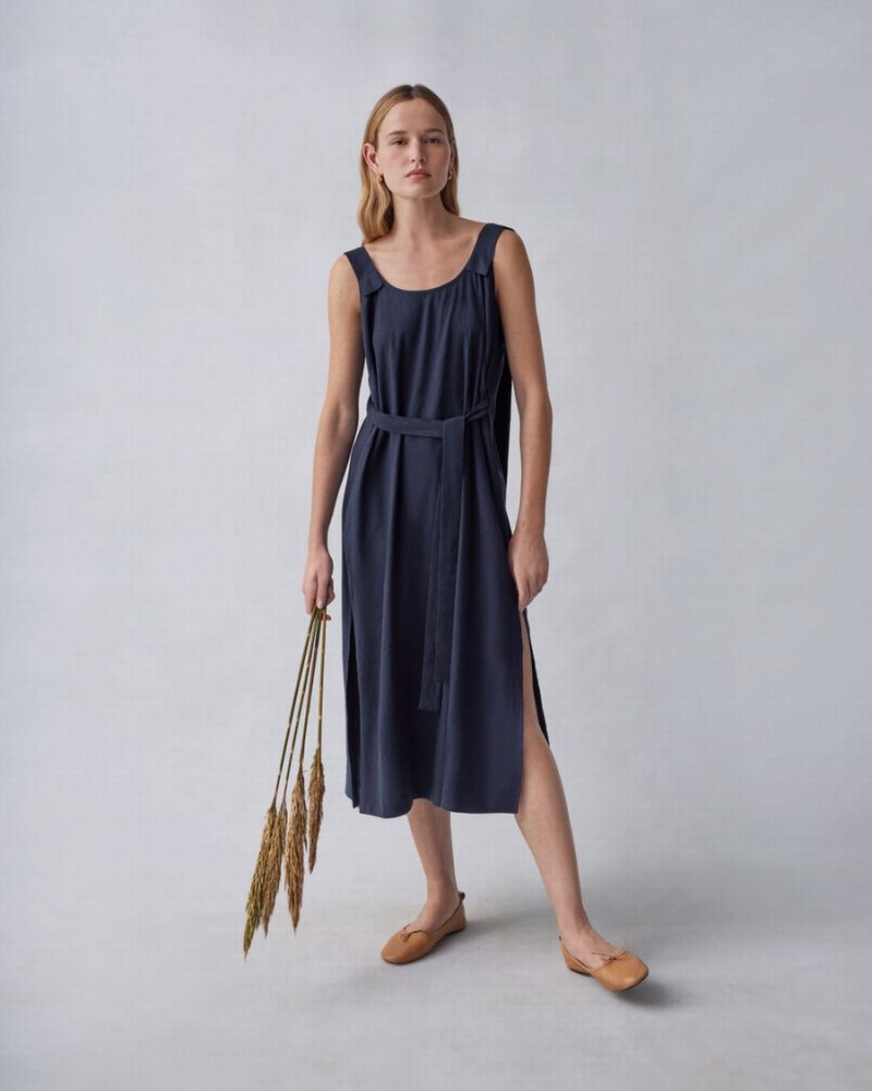 Vestido Cuyana Linen Gathered Back Mujer Azul Marino | KSZ8049QV